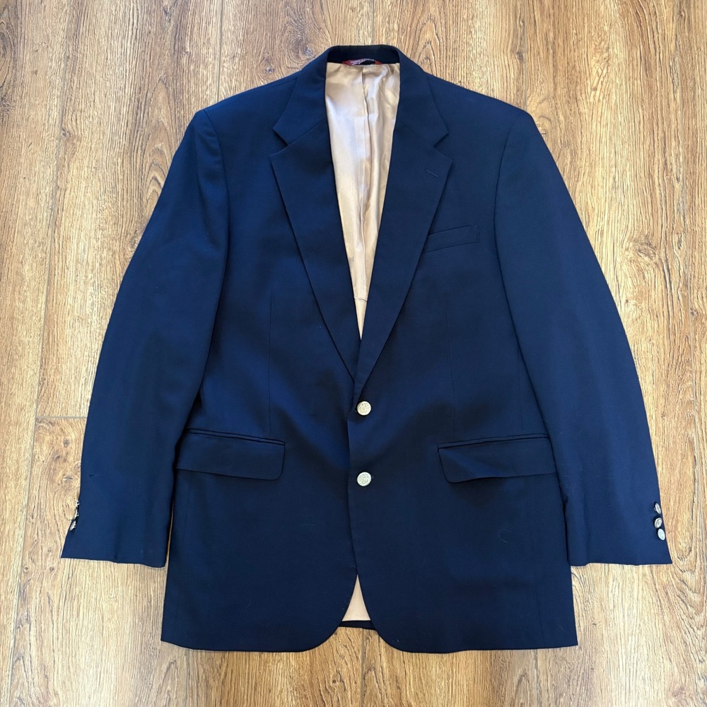 VTG Botany 500 Mens 42L Navy Blue Wool Blazer Gold Buttons Made in USA‎ union